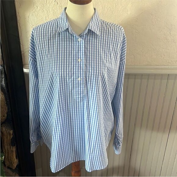 Chaps Blue and White Checkered Popover Top size L - Picture 1 of 6